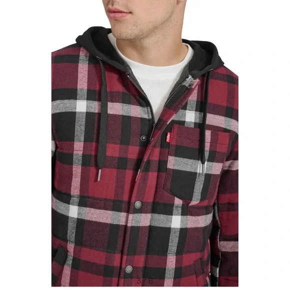 Levi's‎ Quilted Plaid Puffer Flannel Hooded Shacket Size XL Magenta Co